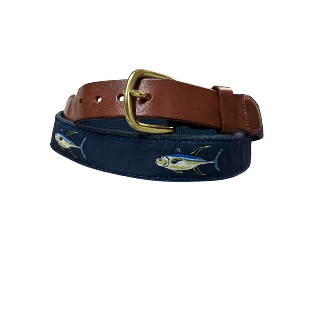 Leather Man Limited Mens 40 Belt Navy Canvas Tuna Fish Embroidered Brass Buckle